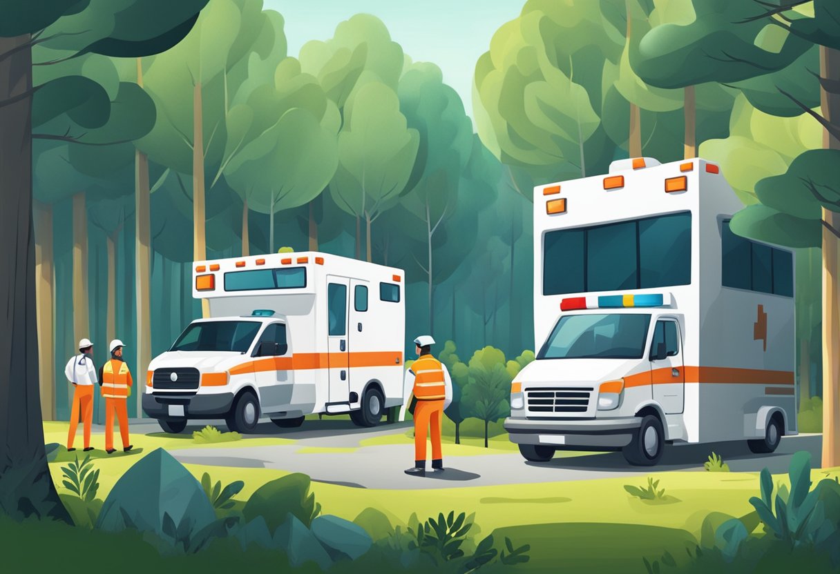 A medical team and ambulance in a forested area
