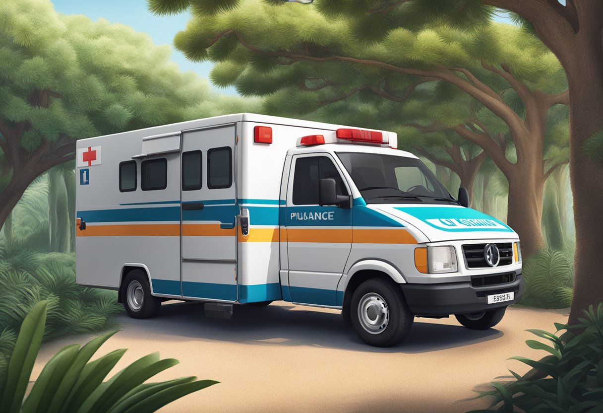 An ambulance from Plus Santé e Parcerias parked under an araucaria tree