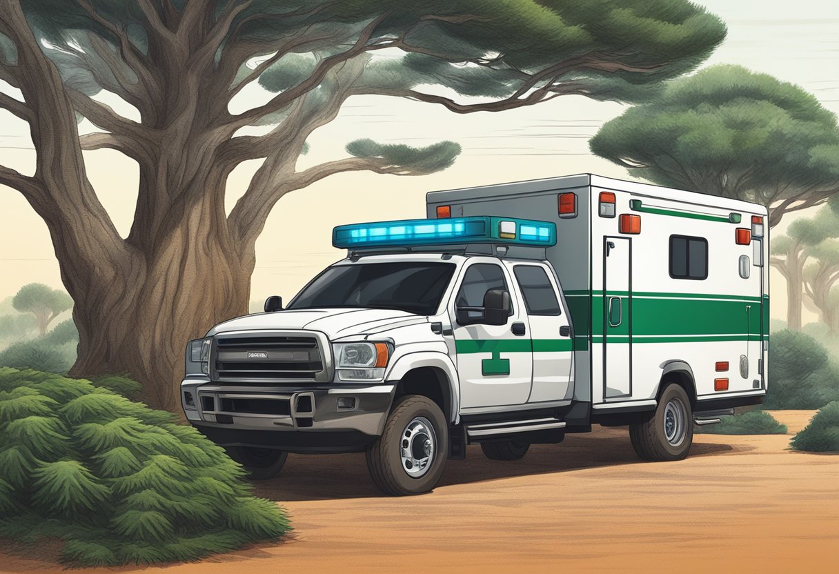 Araucaria tree with ambulance in background