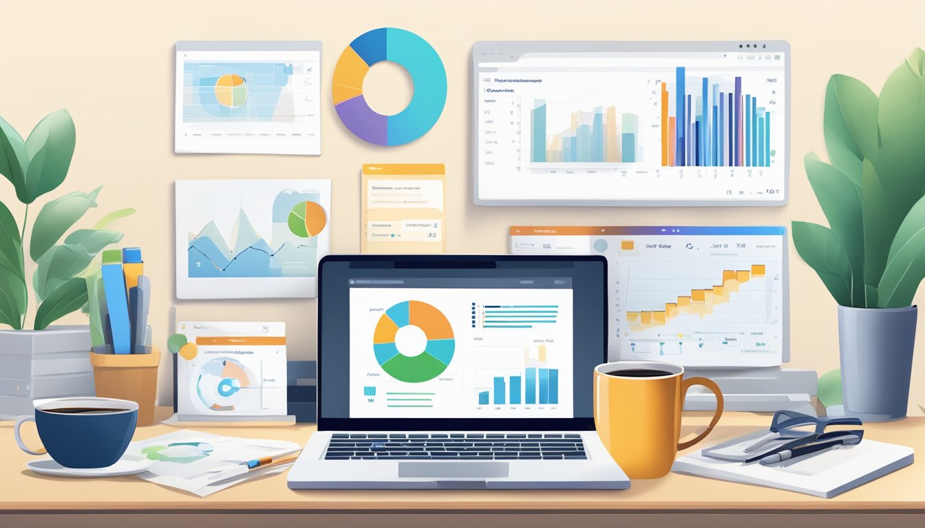 BrightLocal review: Laptop open with data analysis charts, optimization graphs, and utilization reports displayed on the screen.</p><p>Coffee mug and notepad on the desk