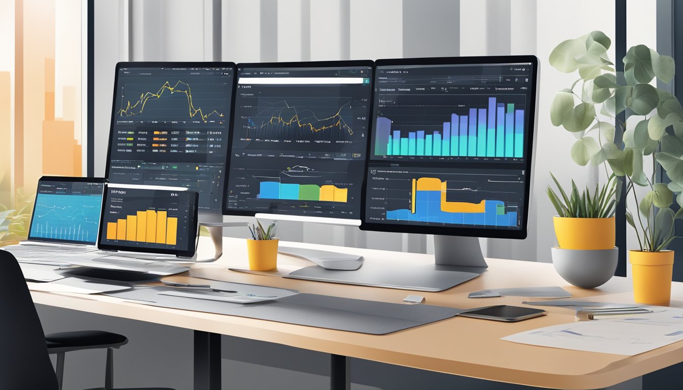 A table with various pricing and plan options displayed on a computer screen, surrounded by charts and graphs showing data analysis