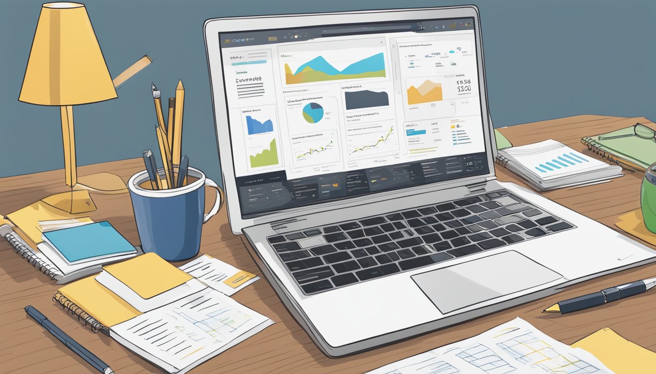 A desk with a laptop open to a review of BrightLocal, surrounded by notes, charts, and a pen