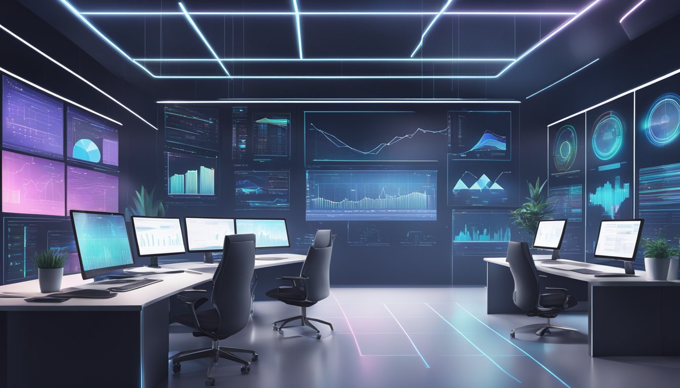 A sleek, modern office with computer screens displaying graphs and data charts.</p><p>The room is filled with a futuristic ambiance, with holographic projections and advanced technology