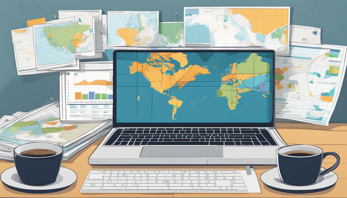 A laptop displaying GeoRanker's interface with charts and graphs, surrounded by a desk cluttered with coffee cups and papers.</p><p>A map of the world hangs on the wall behind it