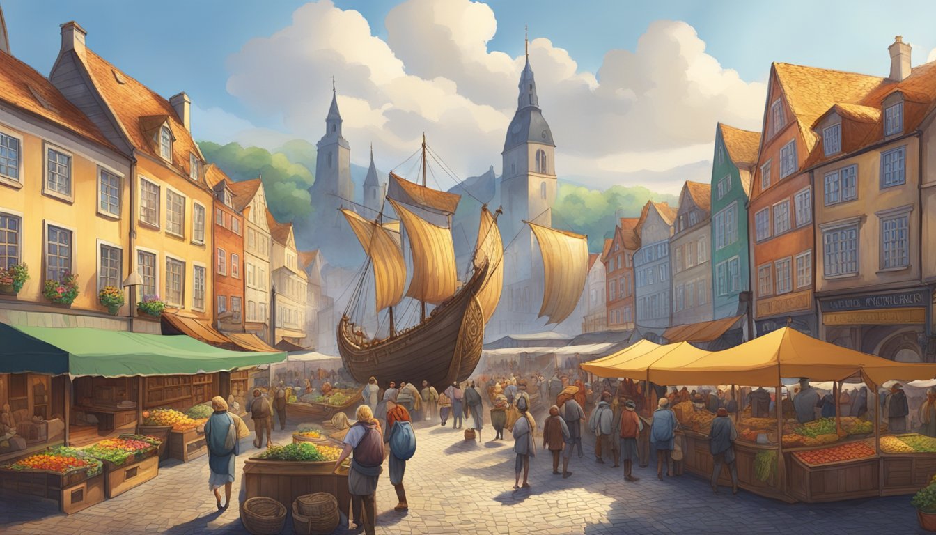 A bustling town square with a prominent Viking ship monument, surrounded by colorful buildings and lively market stalls