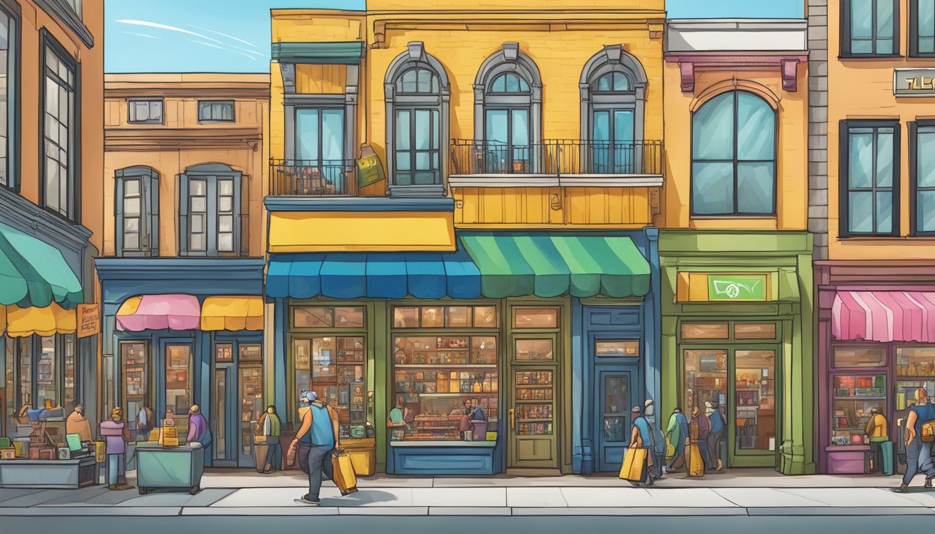 A vibrant cityscape with a prominent "Local Viking" storefront, surrounded by bustling local businesses and happy customers leaving positive reviews