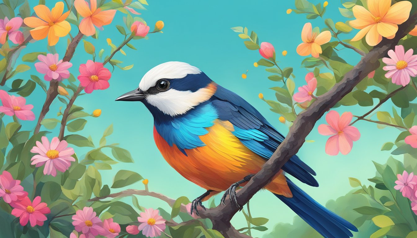 A colorful bird perched on a tree branch, surrounded by vibrant flowers and lush greenery, with a clear blue sky in the background