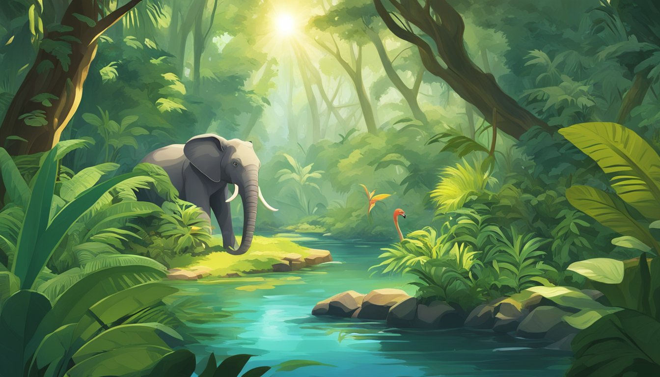 Lush jungle with diverse plant life, a winding river, and a variety of exotic animals.</p><p>Bright sunlight filters through the dense foliage, casting dappled shadows on the forest floor