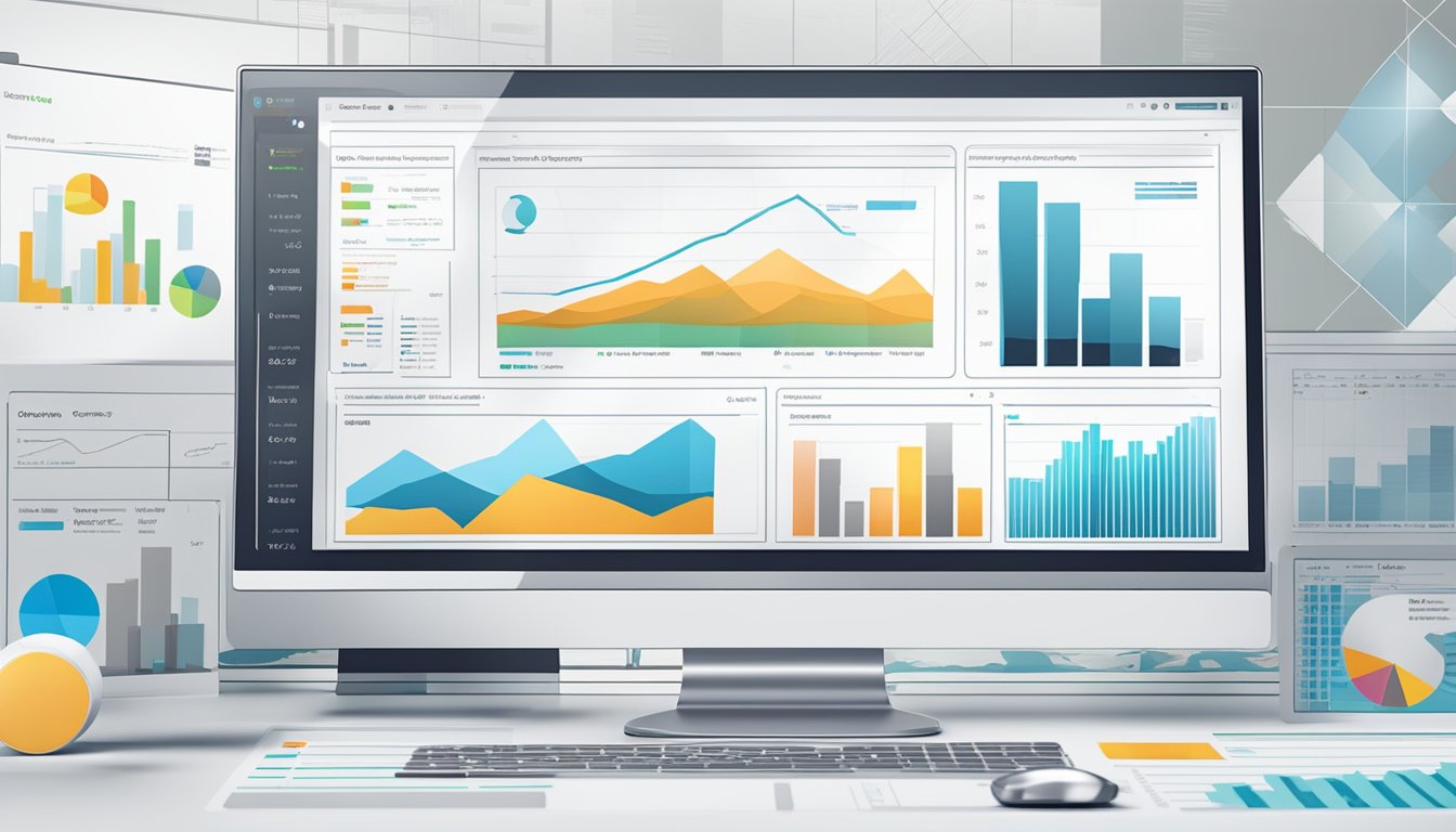 A computer screen displaying various data charts and graphs, with a report and analytics software open in the background