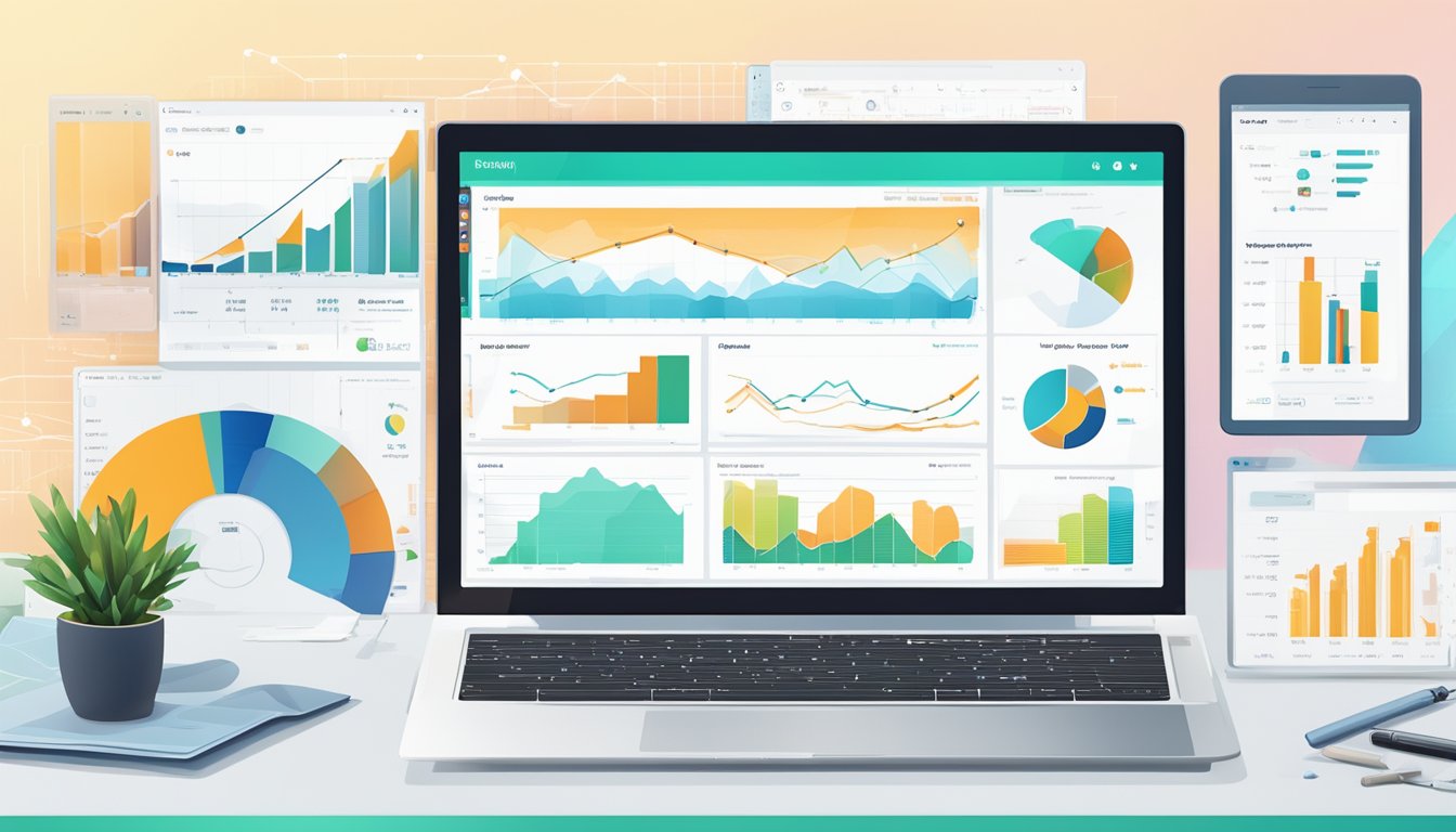 A laptop displaying the Helium 10 website with various tools and features, surrounded by charts and graphs showing sales data and market trends