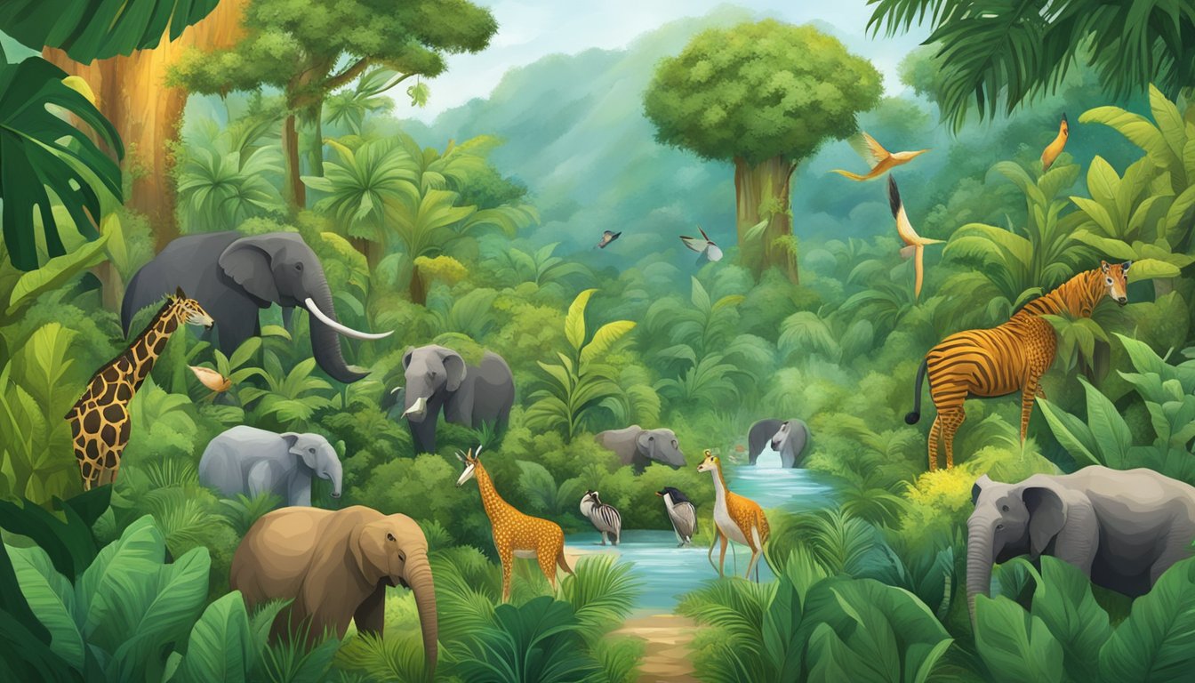 A diverse group of plants and animals thrive in a lush jungle setting, showcasing a balanced and supportive ecosystem