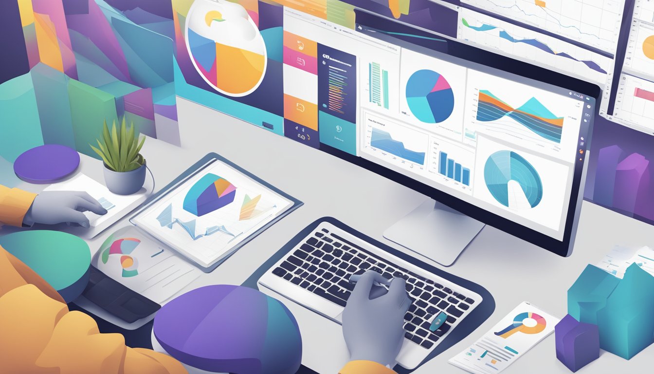 A computer screen displaying Helium 10's logo and marketing analytics charts.</p><p>A person analyzing data and brainstorming brand strategies