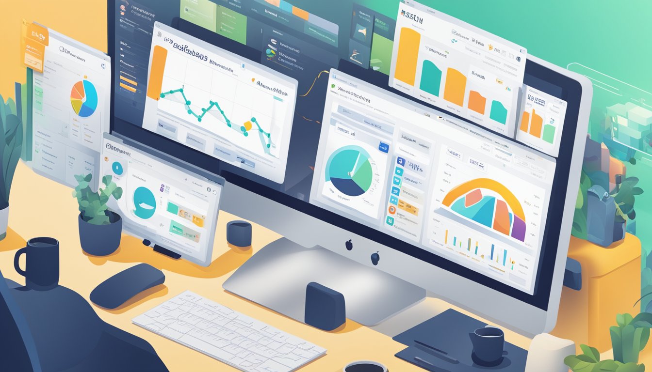 A computer screen displays a dashboard with various business listings and information being managed and reviewed using the Synup platform