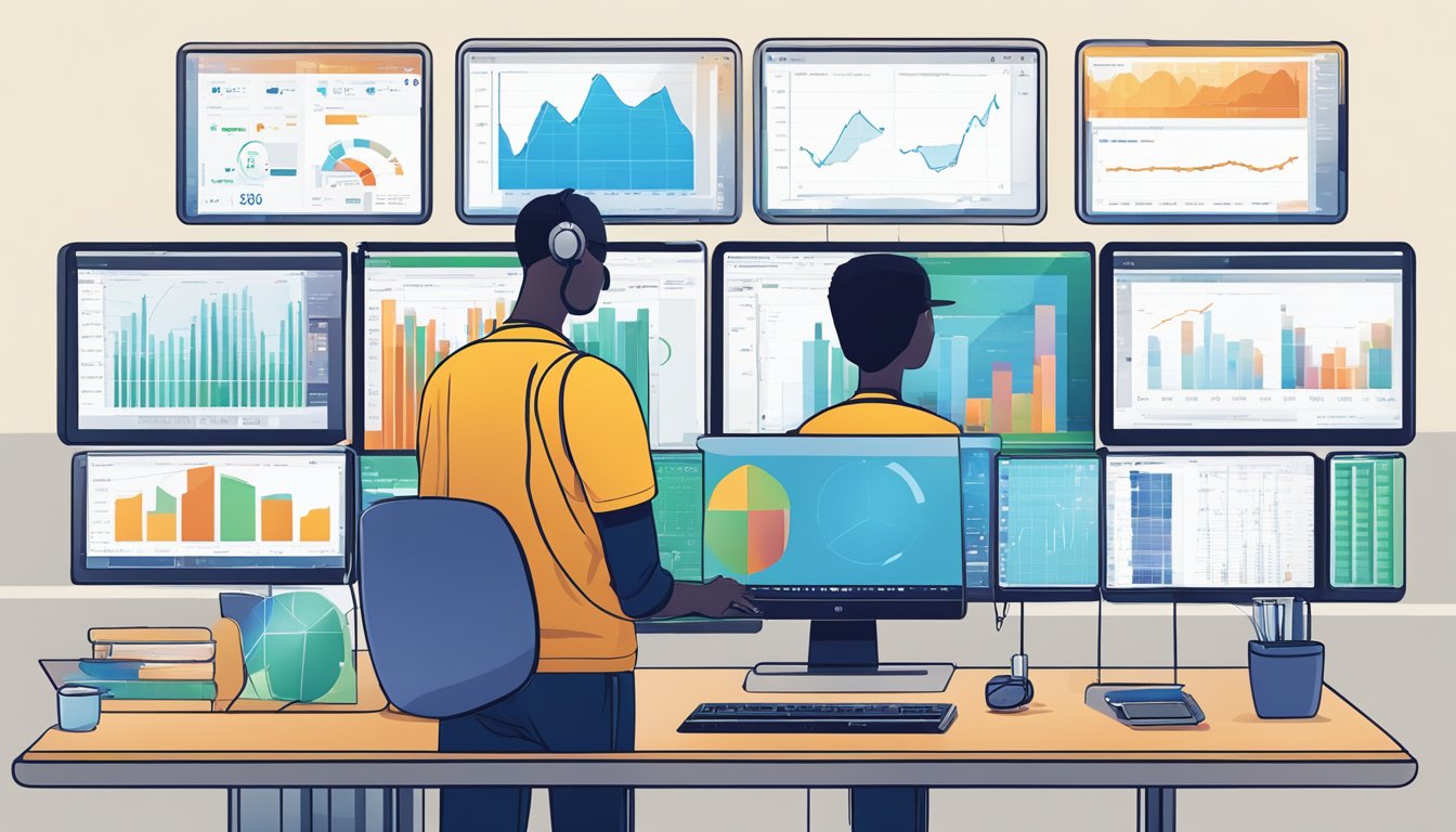 A person using a computer to research and analyze product data on the Algopix platform, with various graphs and charts displayed on the screen