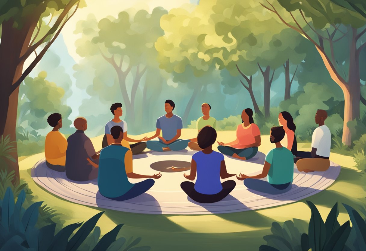 A group of people gather in a serene setting, surrounded by nature. They sit in a circle, meditating and chanting together, creating a peaceful and harmonious atmosphere