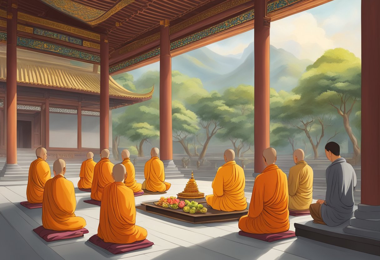 A group of Buddhist practitioners gathers in a serene temple, paying reverence to the Sangha with offerings and prayers