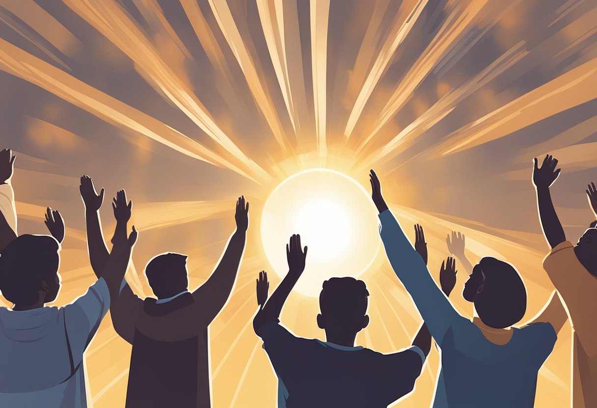 A group of people gather in a circle, arms raised, faces turned upwards in worship. The sun shines down on them, casting a warm glow over the scene