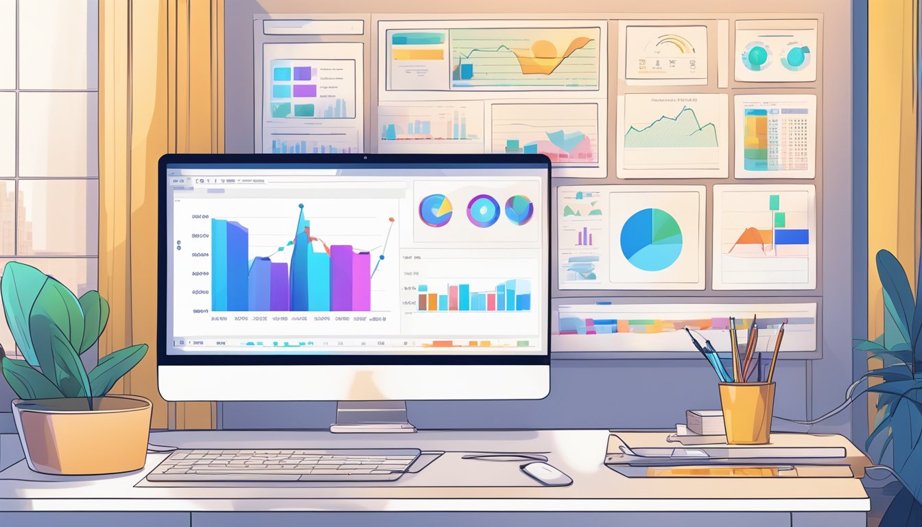 A laptop displaying DataFeedWatch's dashboard, with colorful graphs and charts.</p><p>A desk lamp illuminates the scene, casting a soft glow on the screen