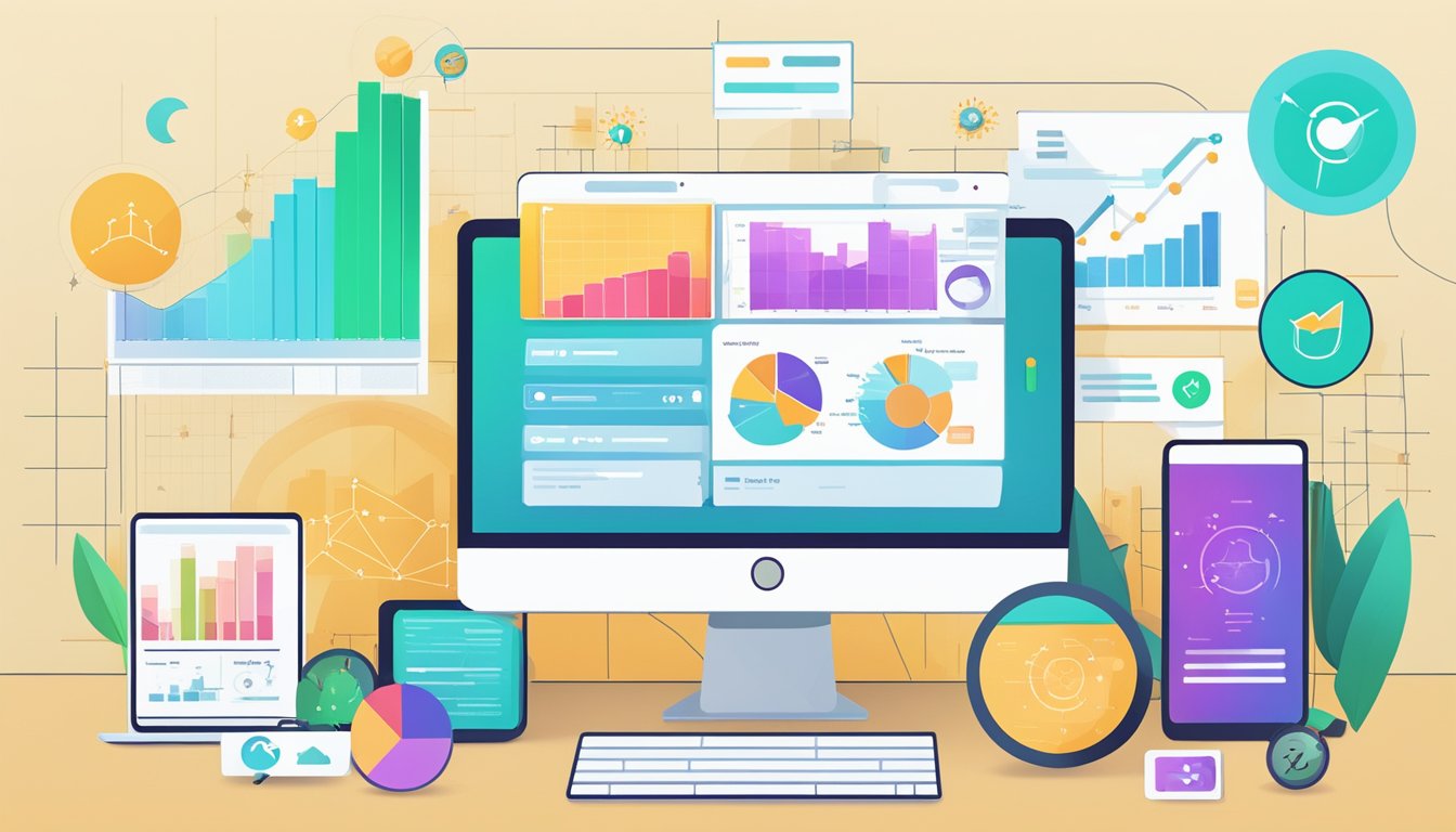 A computer screen displaying positive user reviews and success stories of Algopix, surrounded by charts and graphs representing its success