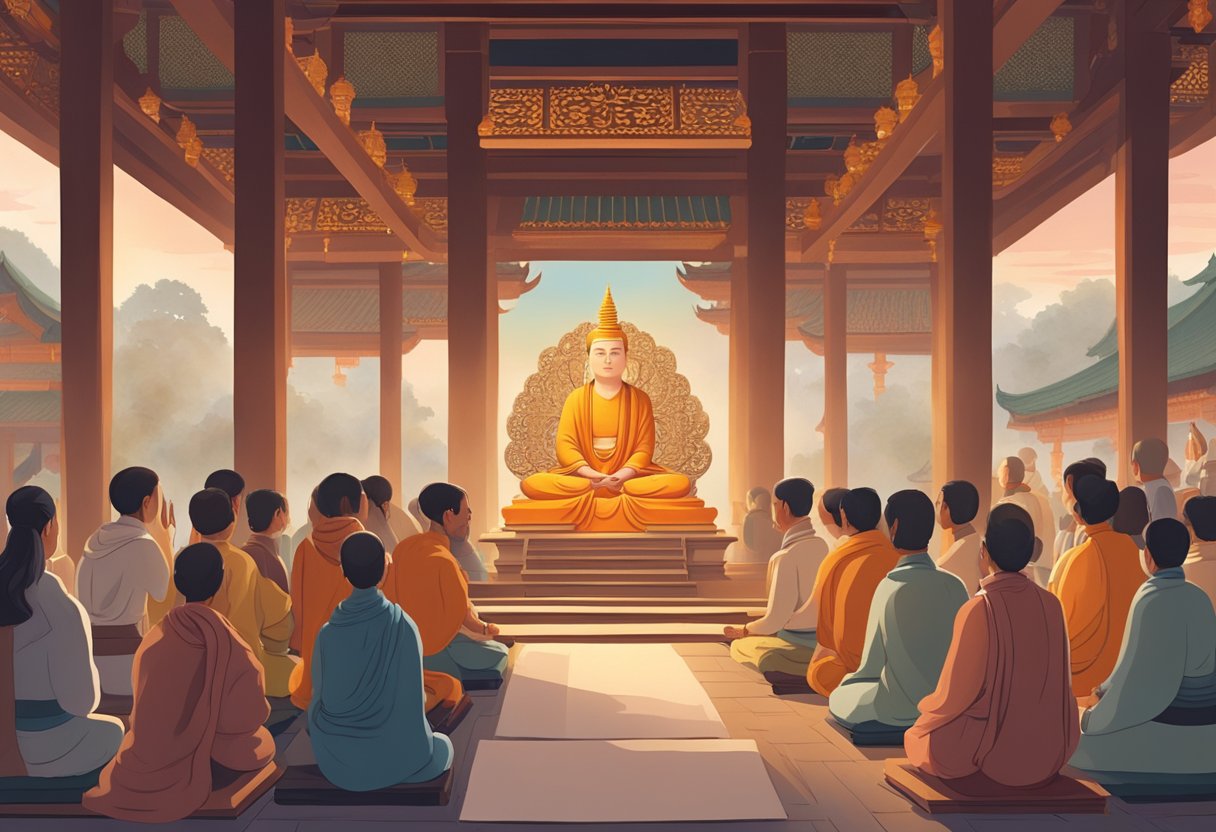 A group of people gather in a serene temple, offering incense and chanting together in devotion to Sangha