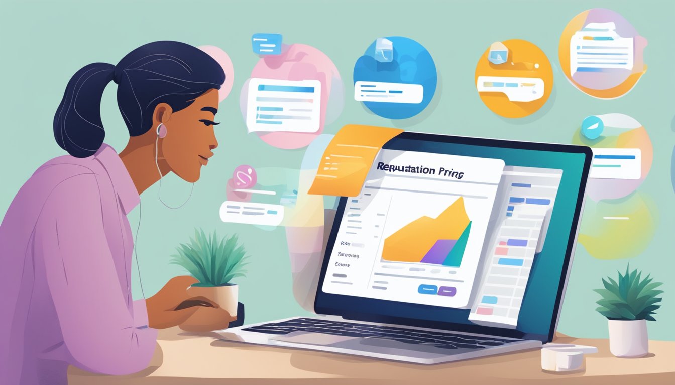 A person examines a list of pricing and packages from Reputation.com, with various options and features displayed on a computer screen