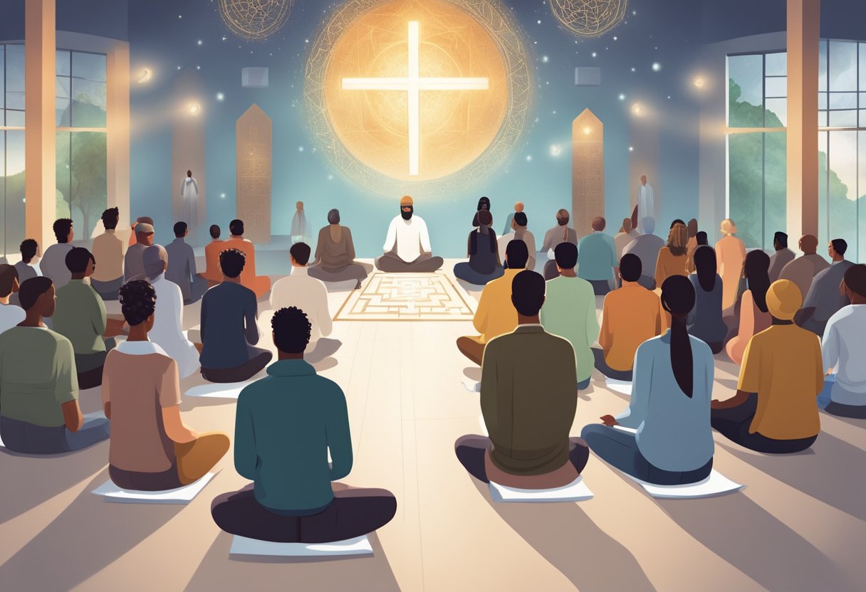 A diverse group of people gather in a modern, open space to worship and meditate together, surrounded by symbols of different faiths and spiritual practices