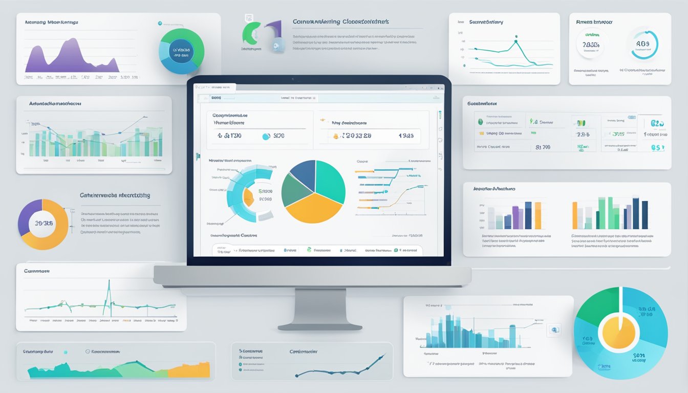 A laptop displaying ChannelAdvisor interface with highlighted key features and benefits.</p><p>Charts and graphs show performance metrics