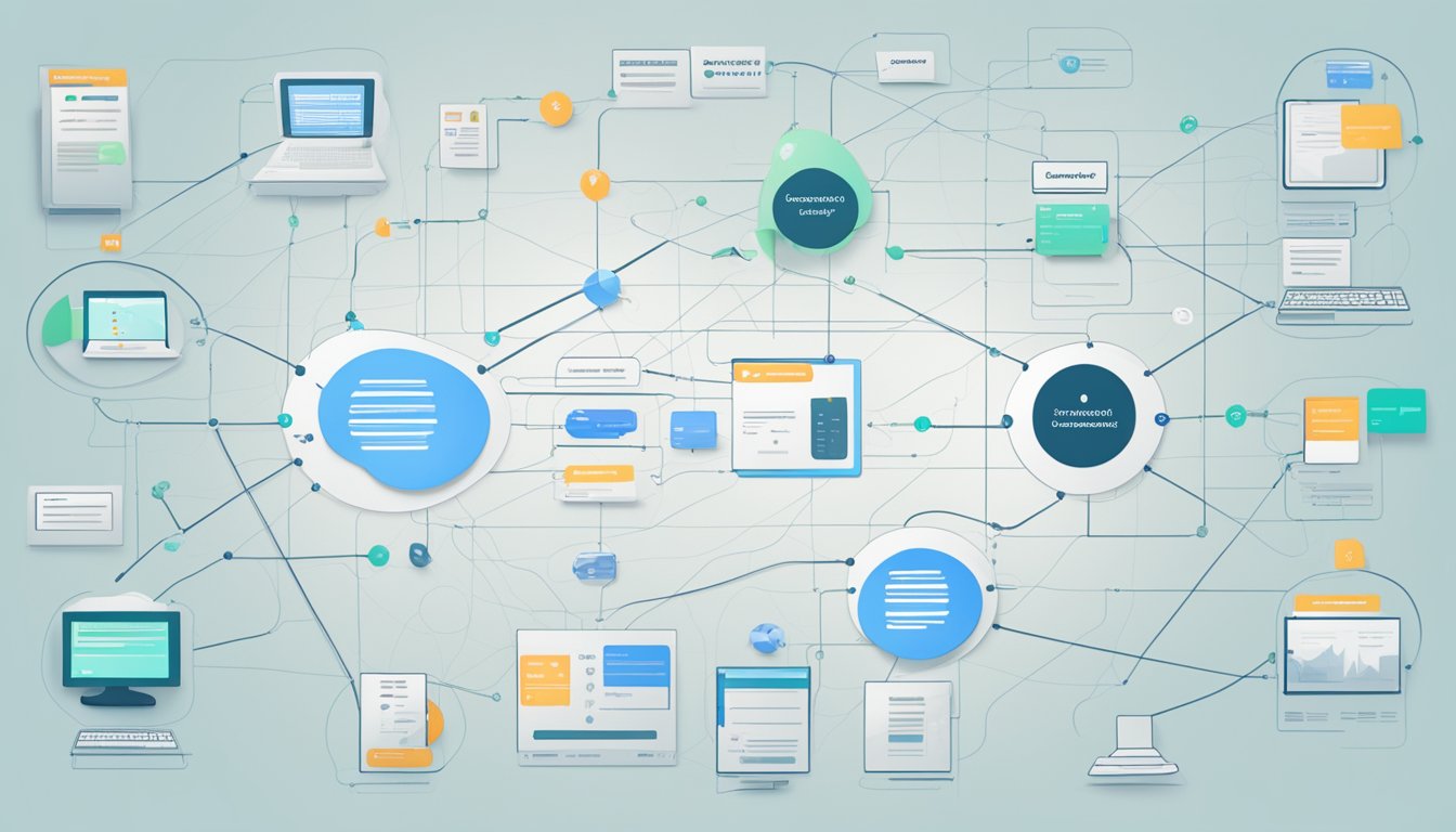 A computer screen displaying a flowchart of integration capabilities, with various interconnected nodes and data points