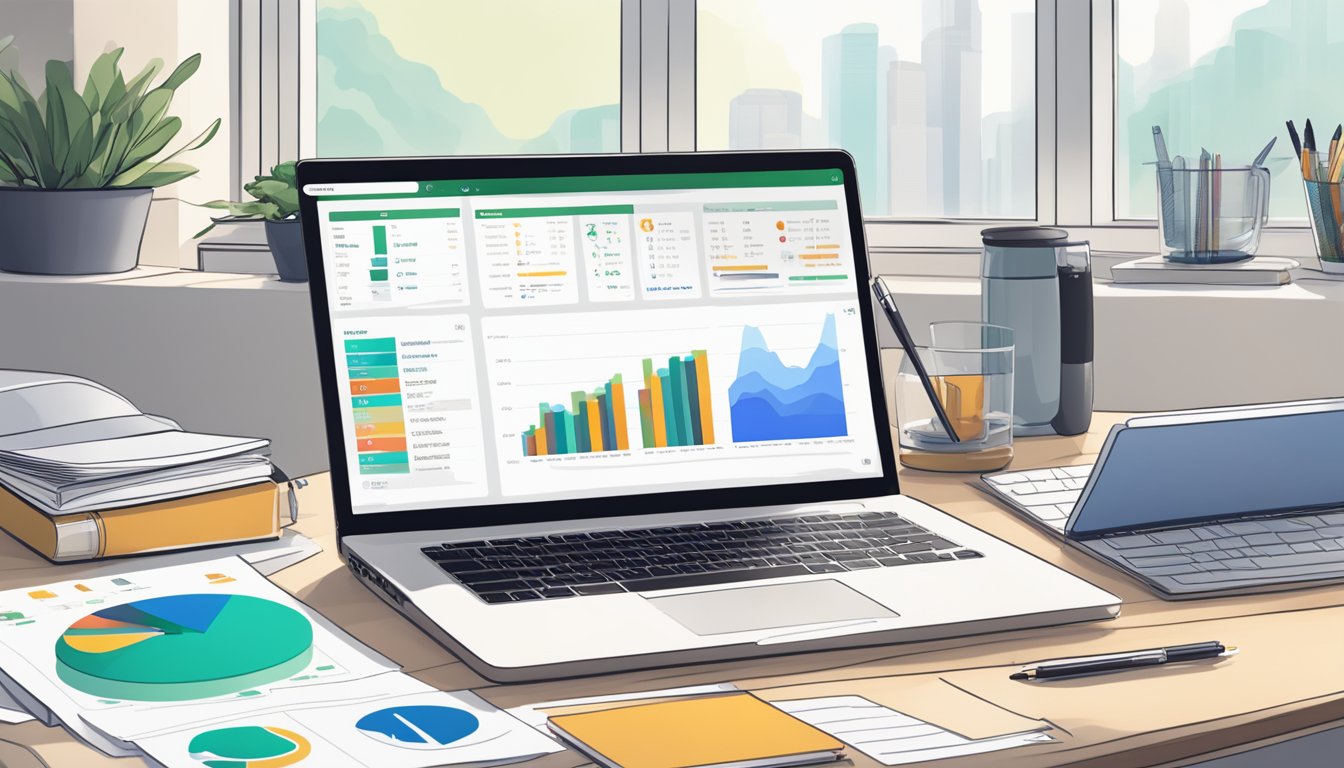 A laptop displaying the Sellics dashboard with various graphs and data, surrounded by a desk cluttered with notebooks, pens, and a cup of coffee