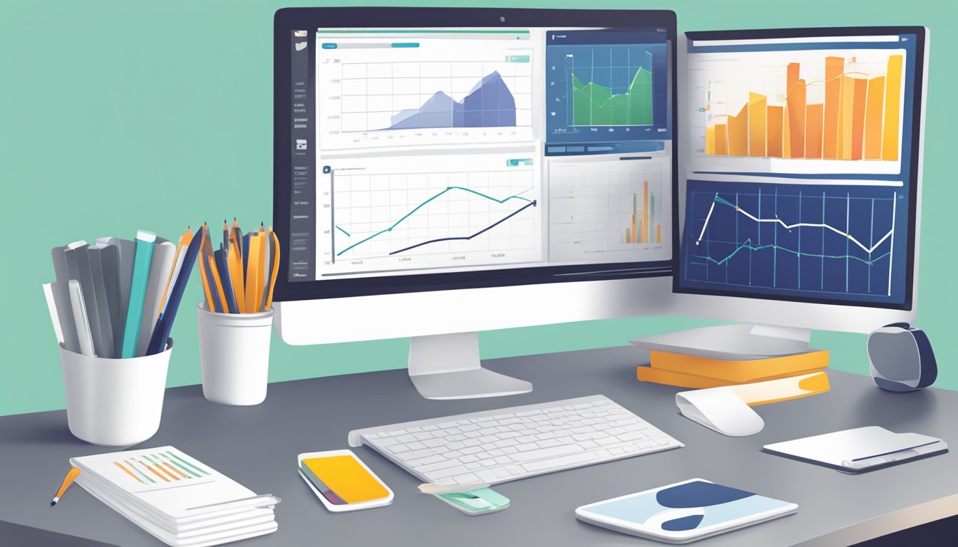 A desk with a computer, open notebook, and pen.</p><p>A chart on the screen comparing data.</p><p>A logo of ChannelAdvisor visible