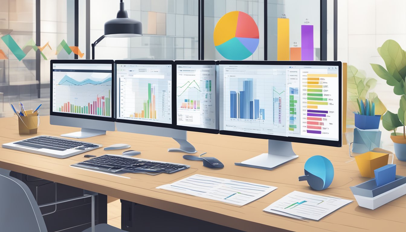 A table with various pricing plans displayed on a computer screen, surrounded by charts and graphs showcasing data analysis