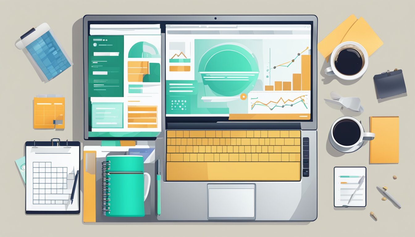 A laptop displaying Sales Layer's interface, surrounded by office supplies and a cup of coffee