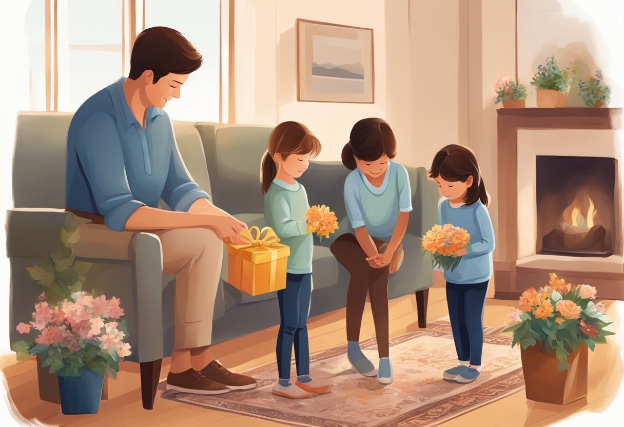 Children bowing to parents with gifts and flowers at their feet in a warm, cozy home setting