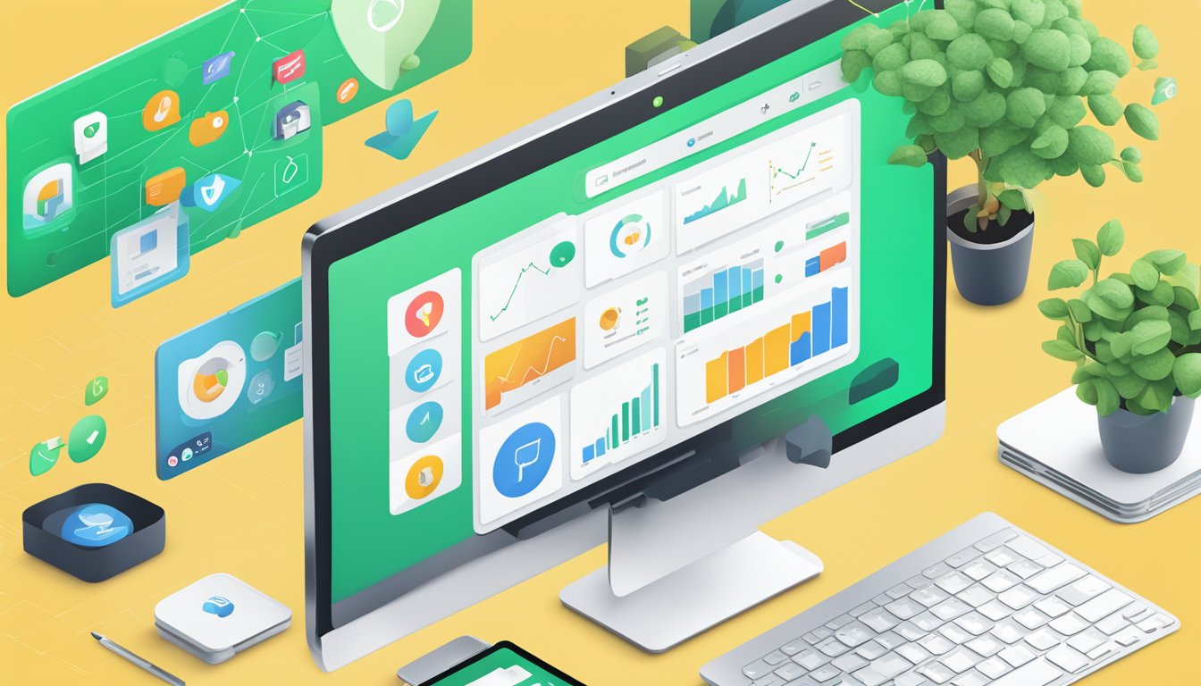 A laptop displaying Sprout Social's advanced tools and functionalities, surrounded by social media icons and analytics graphs