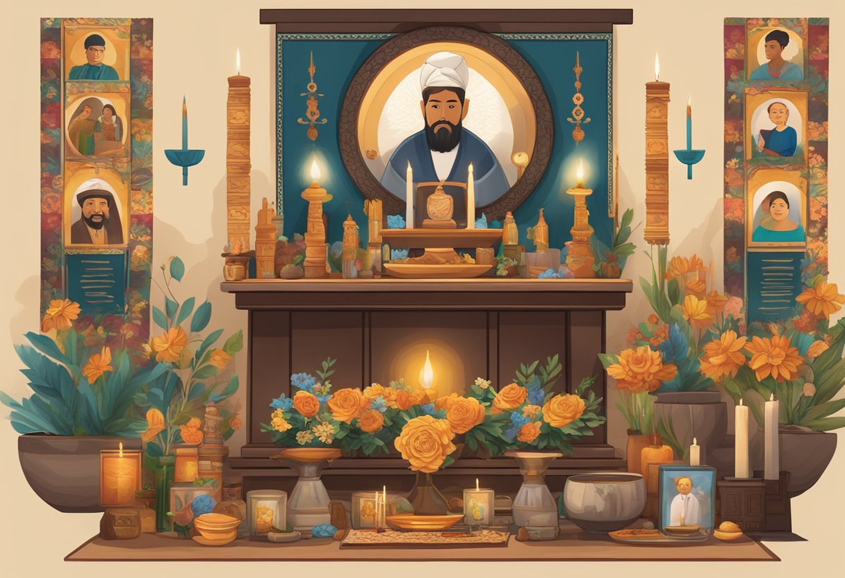 A family altar adorned with offerings, flowers, and incense. Ancestor portraits hang on the wall, surrounded by symbols of respect and gratitude