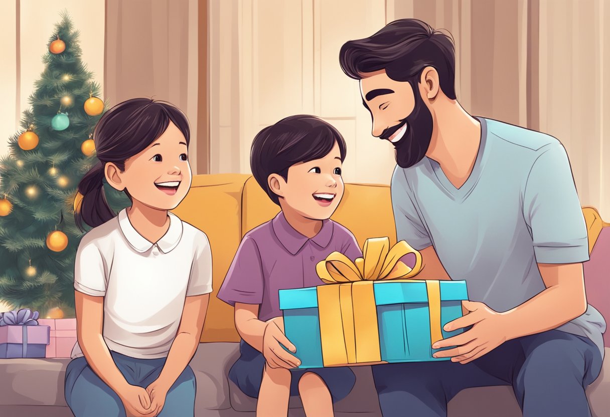 A child presenting a gift to their parents, with a warm smile and a look of admiration on their faces