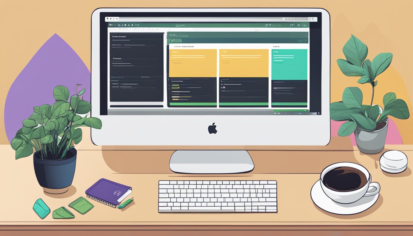 A desk with a computer displaying Sprout Social's plans and pricing.</p><p>A notepad and pen sit next to the computer, with a cup of coffee nearby