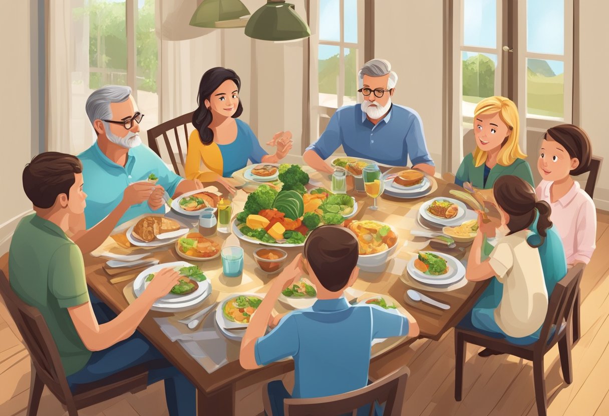 A modern family dinner table with parents and children, showing generational differences and conflicts