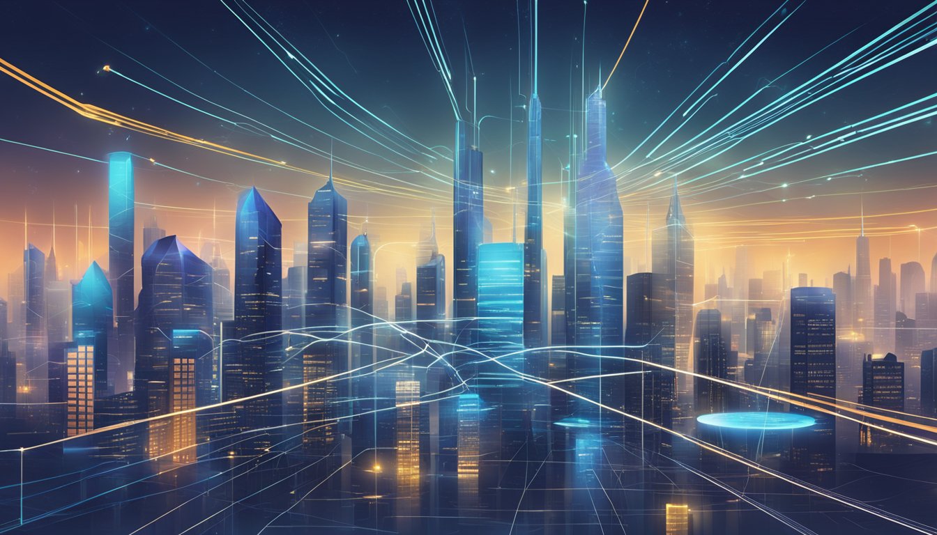 A futuristic city skyline with data streams connecting to a central hub, symbolizing the expansion and future directions of Feedonomics