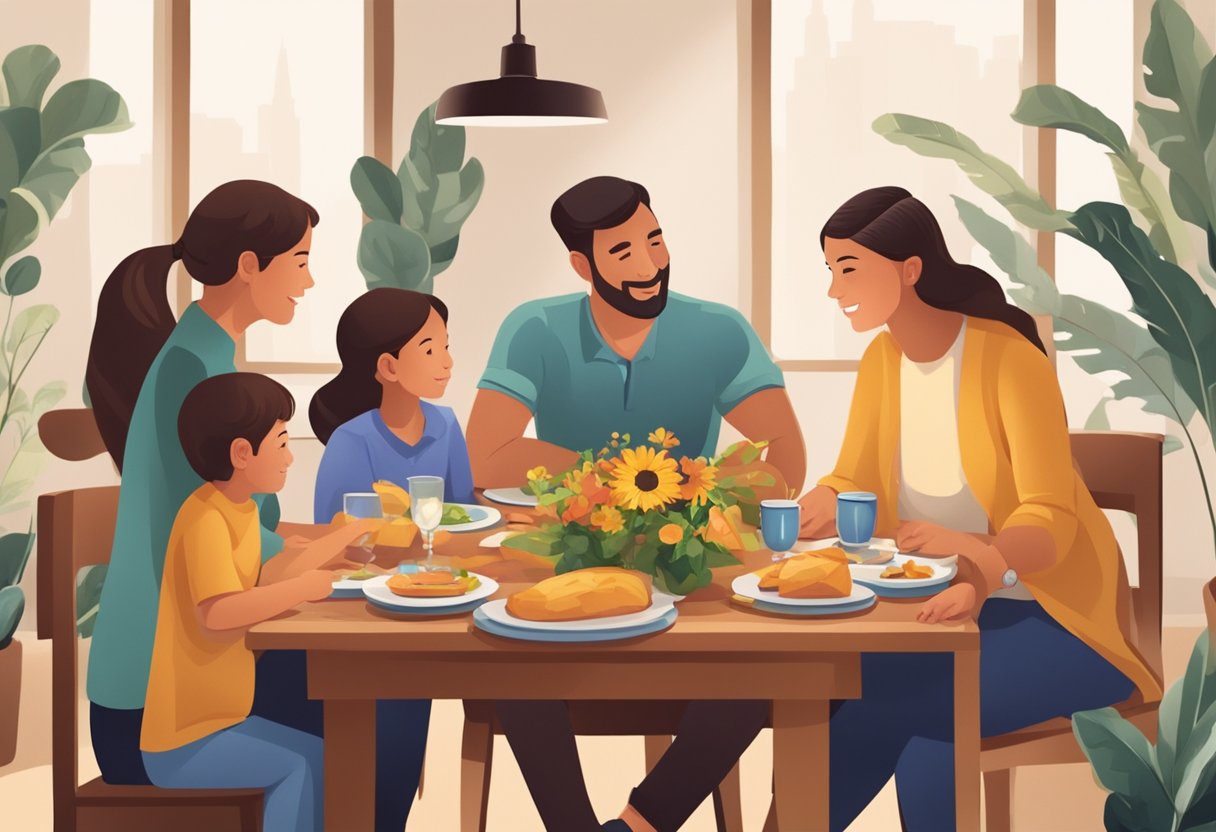 A family gathering around a table, with parents at the center, surrounded by symbols of respect and gratitude