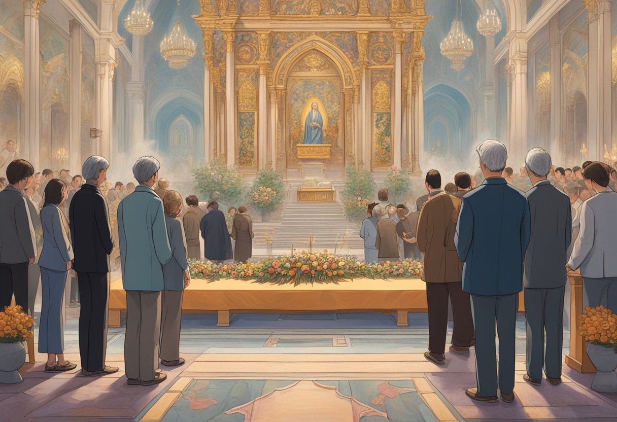 A group of people gather around a large, ornate altar, bowing their heads in reverence towards a pair of framed portraits of their parents. Flowers and incense burn nearby, creating a sense of solemnity and devotion