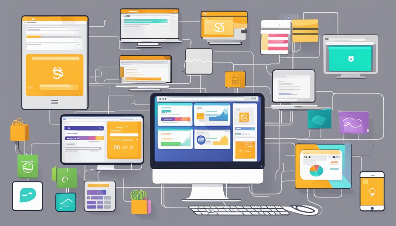 A computer screen displaying Sellbery's interface with various e-commerce platforms connected, while data is being synchronized and updated in real-time