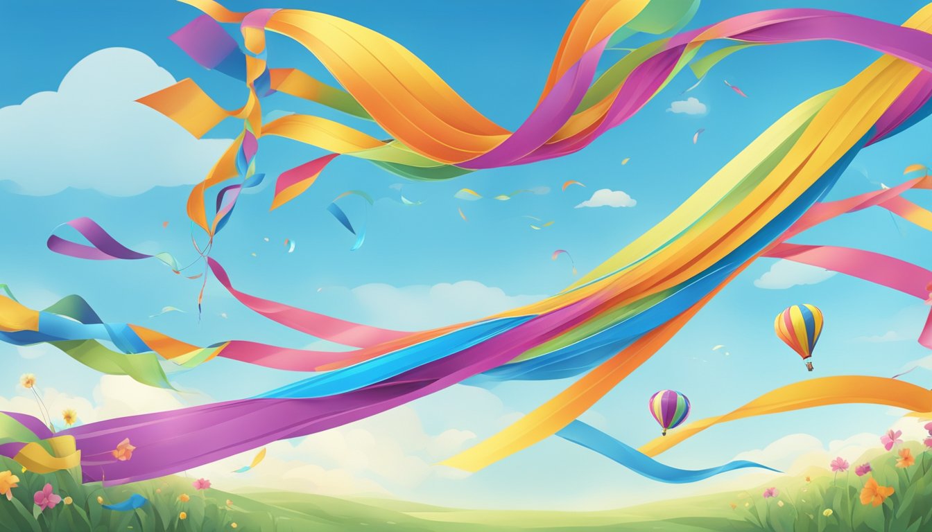 A colorful kite soaring through a clear blue sky, trailing behind it a long, flowing tail of vibrant ribbons and streamers