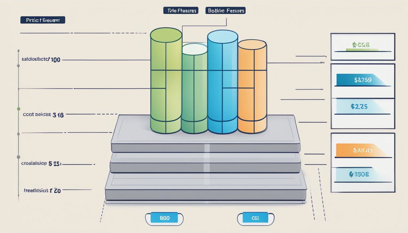 A table with three columns displaying different pricing tiers, accompanied by a graph showing the relationship between features and cost