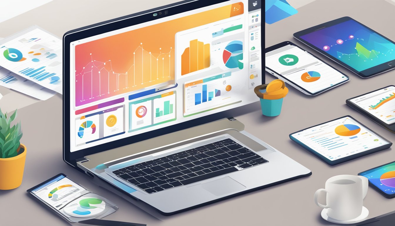 A laptop with SocialPilot website open, surrounded by social media icons and charts, on a desk with a cup of coffee