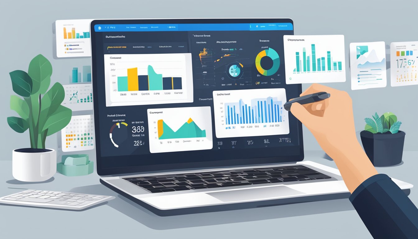 A laptop displaying Moz Pro's dashboard with various analytics charts and graphs.</p><p>A person's hand hovers over the keyboard, ready to make adjustments