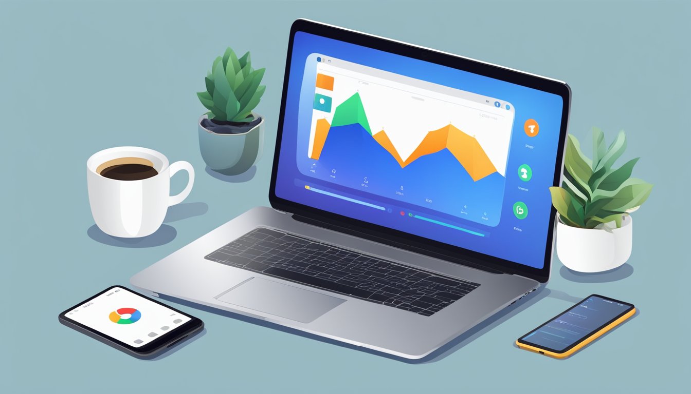 A laptop displaying the Sendible dashboard, with social media icons and analytics graphs.</p><p>A smartphone with the Sendible app open, next to a cup of coffee