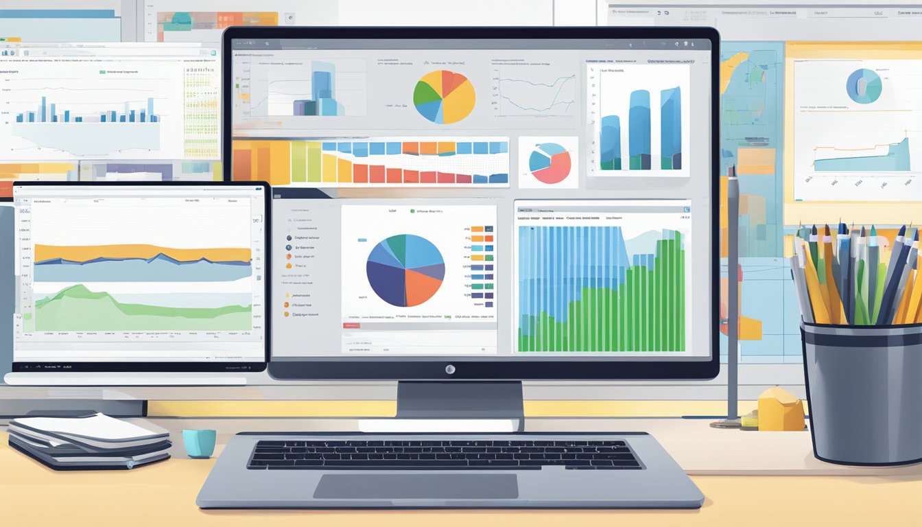 A computer screen displaying SocialPilot's interface with charts and data, surrounded by a desk cluttered with notebooks and pens