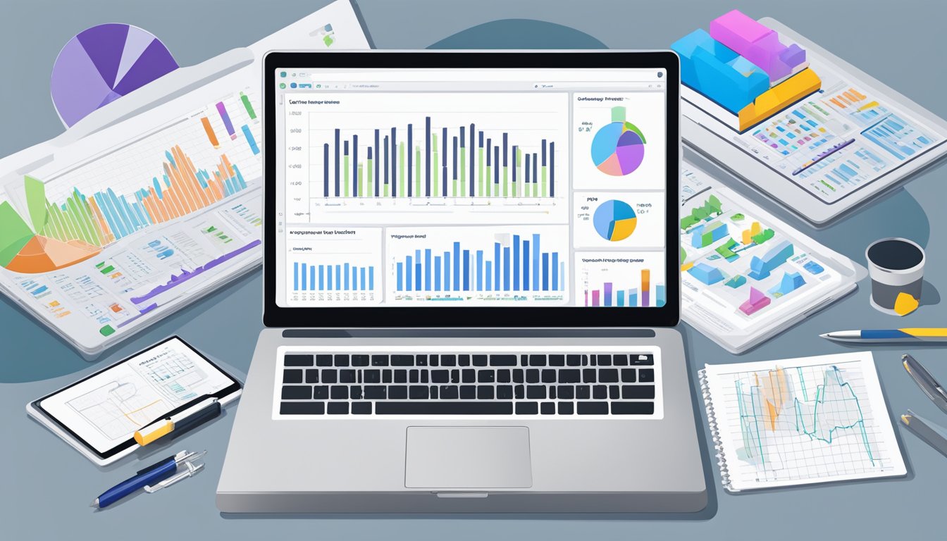 A laptop displaying Serpstat's interface, surrounded by charts and graphs, with a pen and notepad nearby for analysis