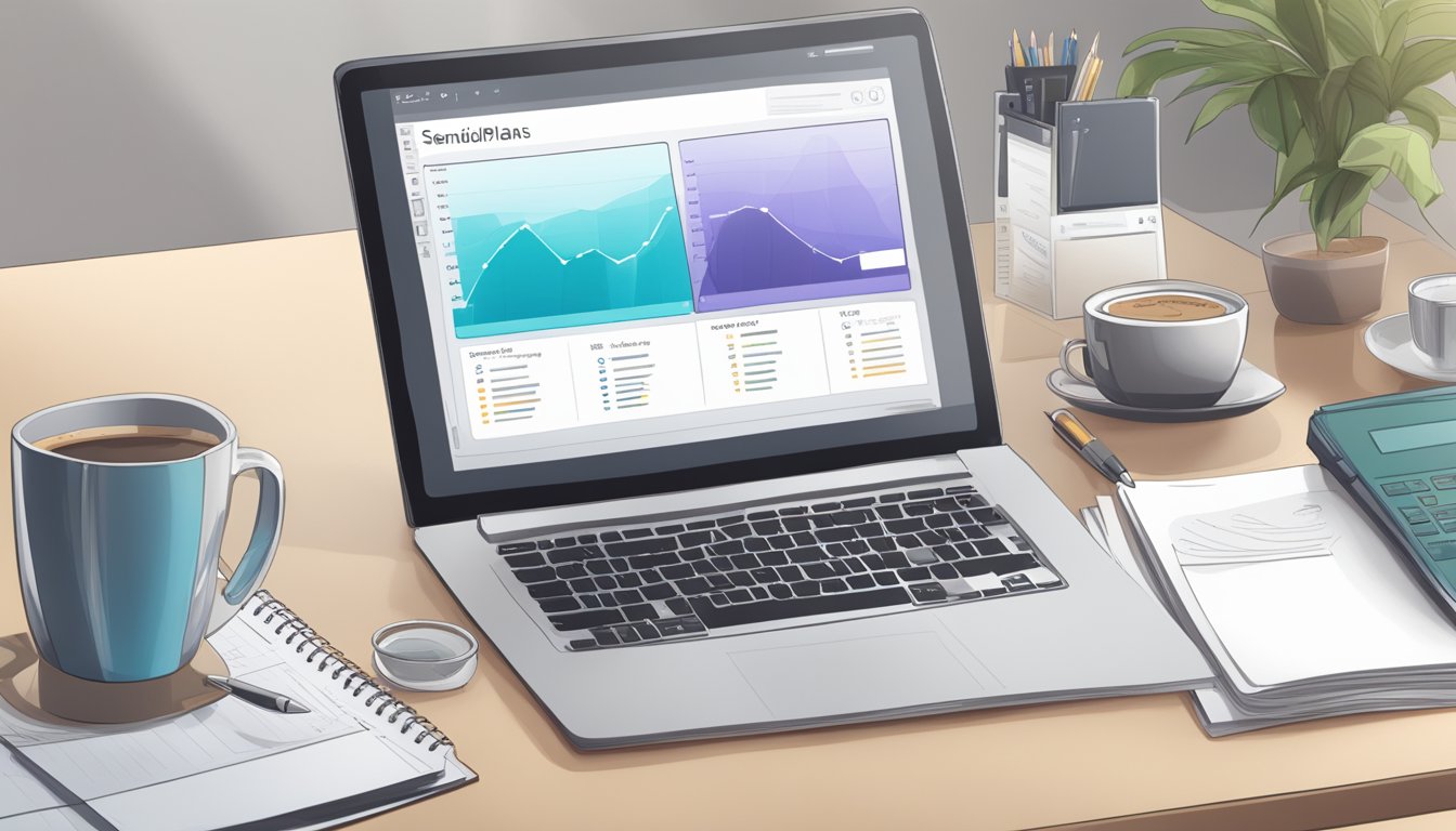 A desk with a computer displaying Sendible's pricing and plans.</p><p>A notepad with a pen, and a cup of coffee next to it